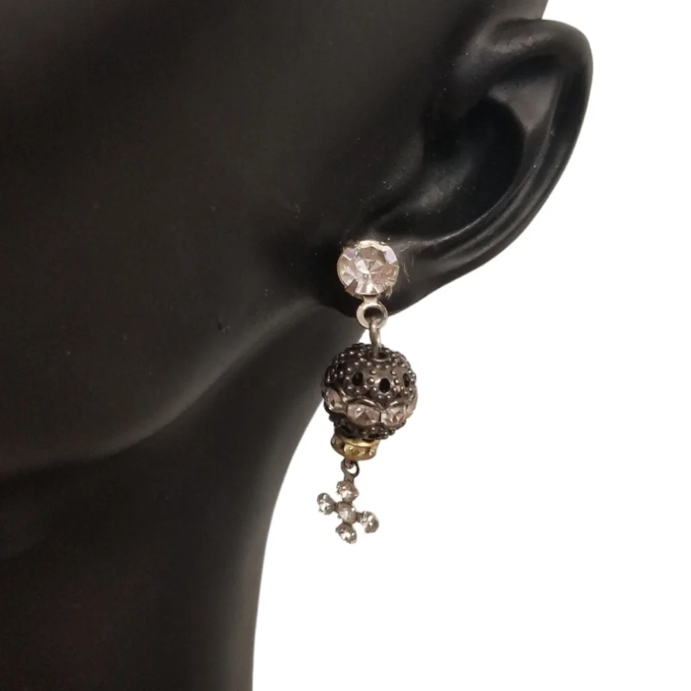 VINTAGE SILVERTONE FILIGREE BALL & CRYSTAL CROSS DROP EARRINGS